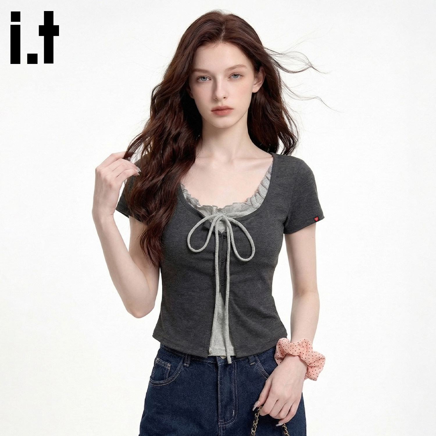 it:CHOCOOLATE Girlish Style Tie-Waist Short-Sleeve T-Shirt, Summer Two-Piece Lace-Trimmed Slim Fit Top
