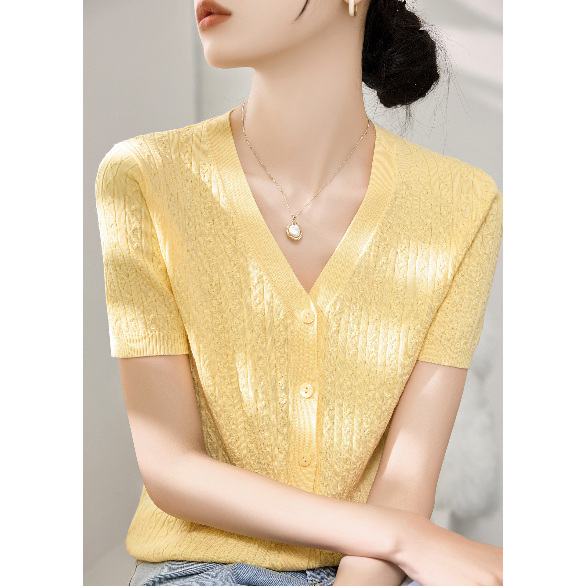 Летний вязаный кардиган Lyocell Tencel с v-образным вырезом и короткими рукавами twist с витым узором, свободный и тонкий топ для женщин