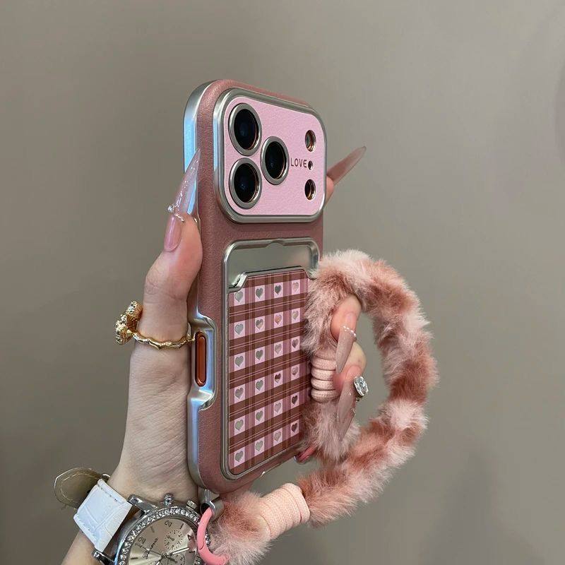 大视窗卡包镜子爱心带挂链适用苹果17PRO手机壳iPhone16ProMax新款15pro女款小众13保护14防摔情侣轻奢全包软