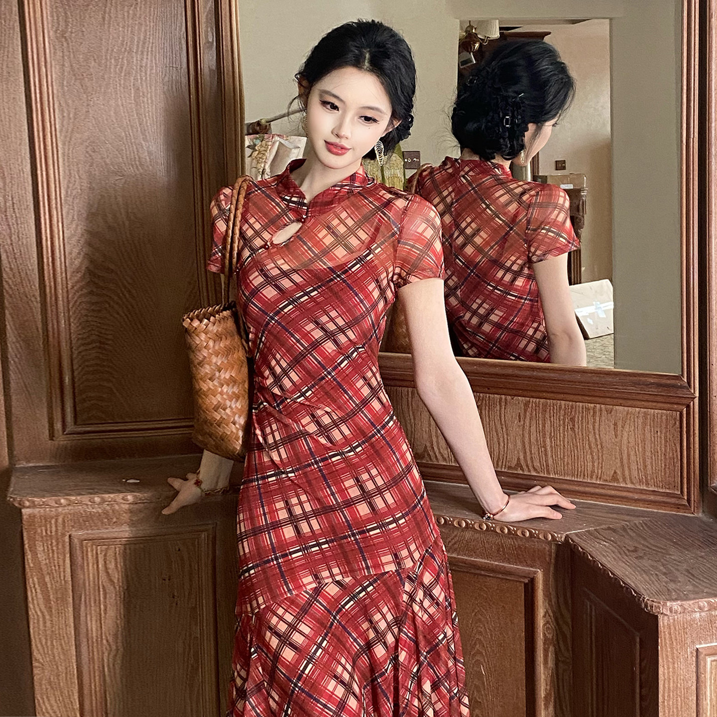 Xiaoba customized [Малиновое пылающее лето] Новое платье в китайском национальном стиле, женское летнее платье в клетку в стиле ретро, улучшенная длинная юбка чонсам