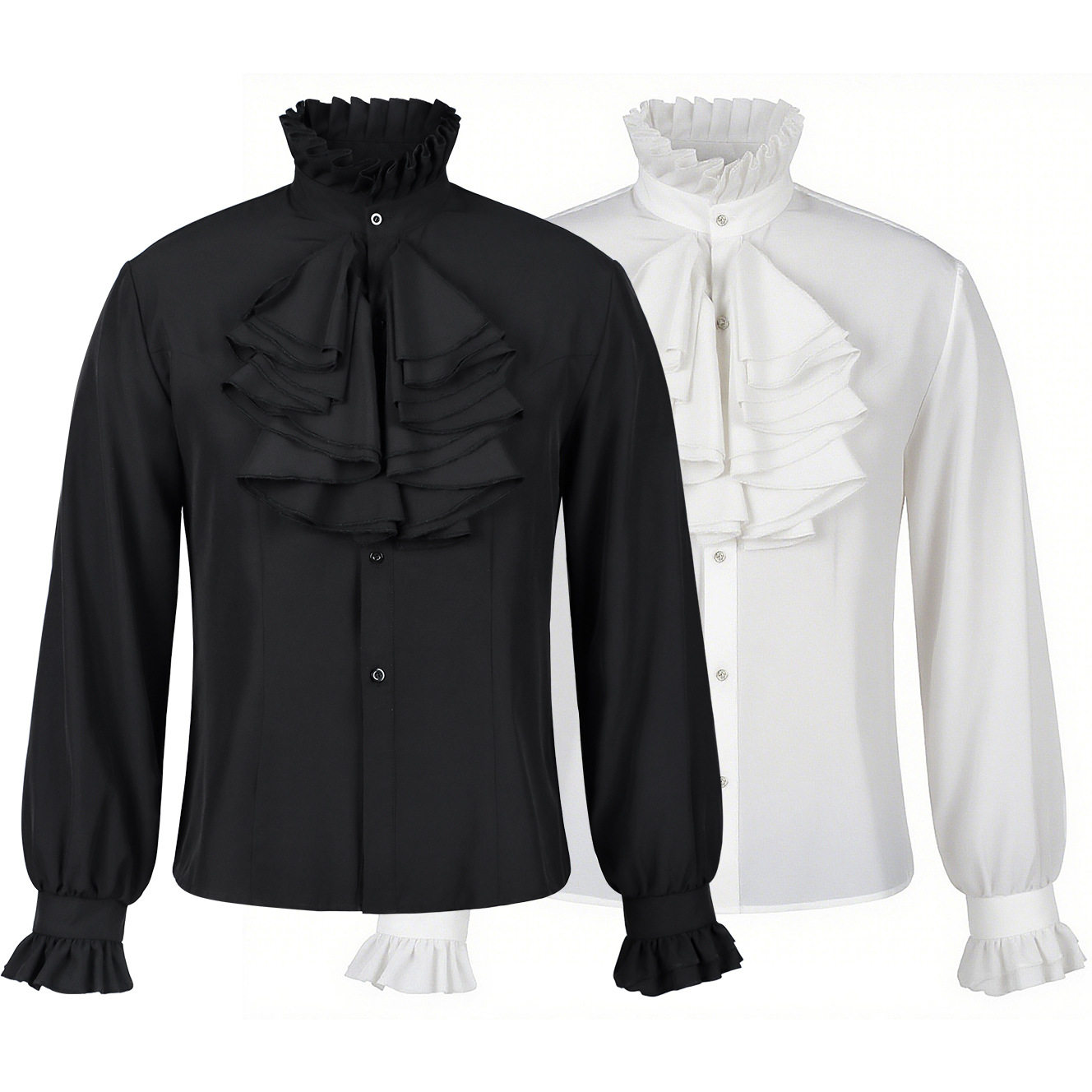 2025 European and American Gothic Ruffled Stand Collar Long Sleeve Men's Tie Shirt with Pleated Cuffs, Vampire Style Shirt