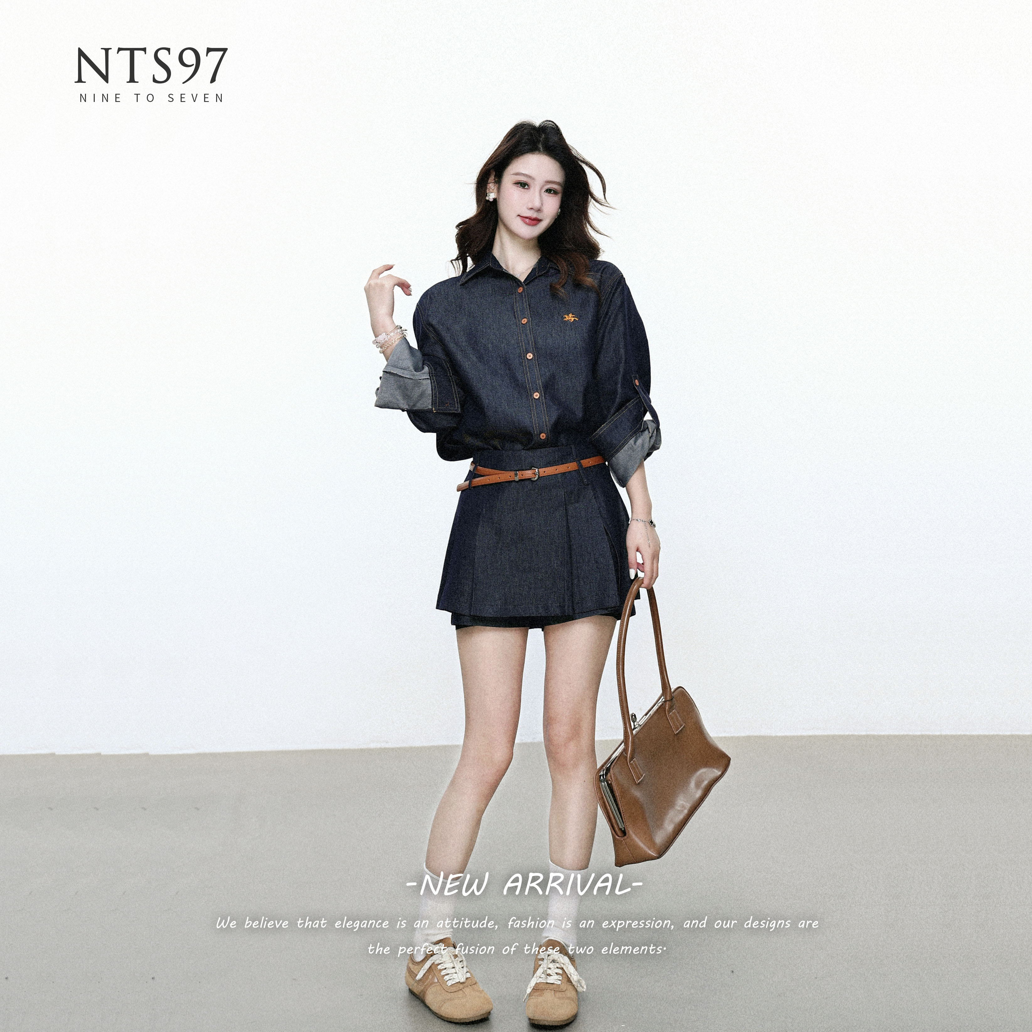 NTS97 Denim Embroidered Long-Sleeve Shirt and High-Waisted A-Line Mini Skirt Denim Set