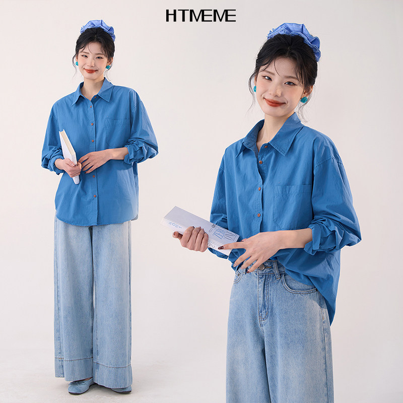 Huatian window HTmeme blue ocean, однотонная рубашка с длинными рукавами, женская стильная свободная повседневная рубашка, топ