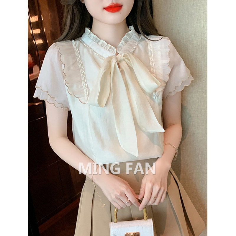 2026 Summer New Women's Chic Bow-Tie Ruffle Collar Chiffon Blouse, Reversible Short-Sleeve Top