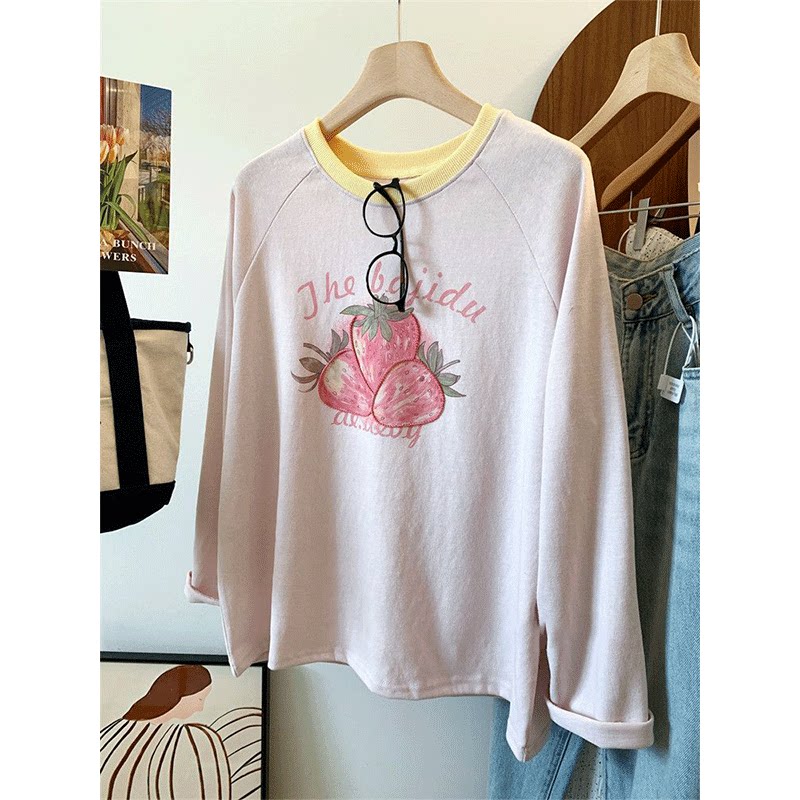 Plus-size (300 lbs) long-sleeved T-shirt with color-blocked embroidered strawberry design for chubby girls...