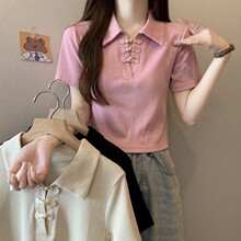 Oversized Chinese style buckle short sleeved t-shirt for women's summer new Chinese style chubby mm slim short shoulder polo neck top