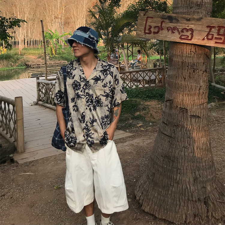 Пижама "cool casual vacation shirt" летняя свободная рубашка с драпировкой в стиле хулигана, красивый дизайн, старая рубашка в цветочек