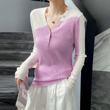 Knitted V-wool collar with multiple buttons, spring and autumn long sleeves, color matching wool knitted sweater with small pits and irregular thin design top