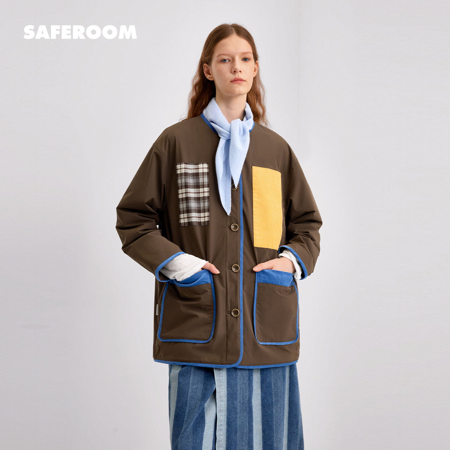 SAFEROOM 2026 зимнее лоскутное пальто в стиле пэчворк из овечьей шерсти с контрастной цветной нашивкой, теплое свободное хлопчатобумажное пальто с круглым вырезом