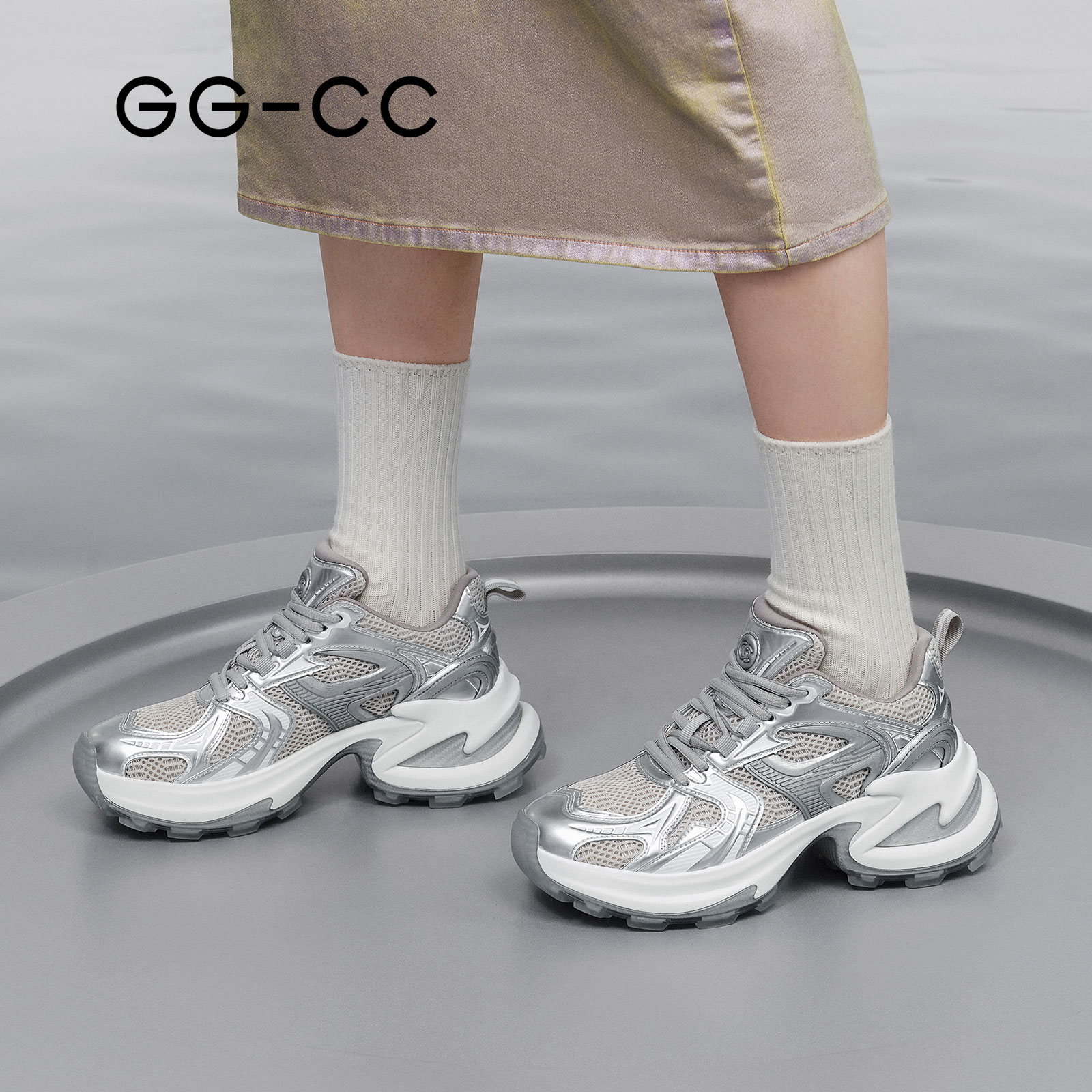 [Hardcore powerhouse] GGCC летняя модная крутая серебристая обувь для папы на толстой подошве, женская повседневная спортивная обувь для детей