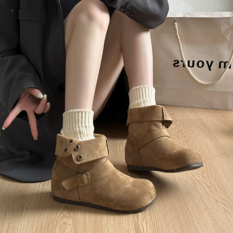 Сапоги средней длины с квадратной головкой и двумя складывающимися пуговицами, сапоги с мятым ворсом, простые ковбойские сапоги в западном стиле, короткие сапоги, женские