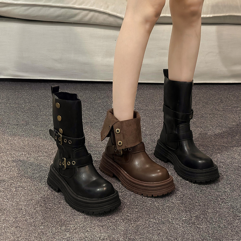 Women's platform platform height-increasing British style Martin boots, 2026 autumn/winter new style, fold-over slouch ankle boots, Merard mid-calf boots
