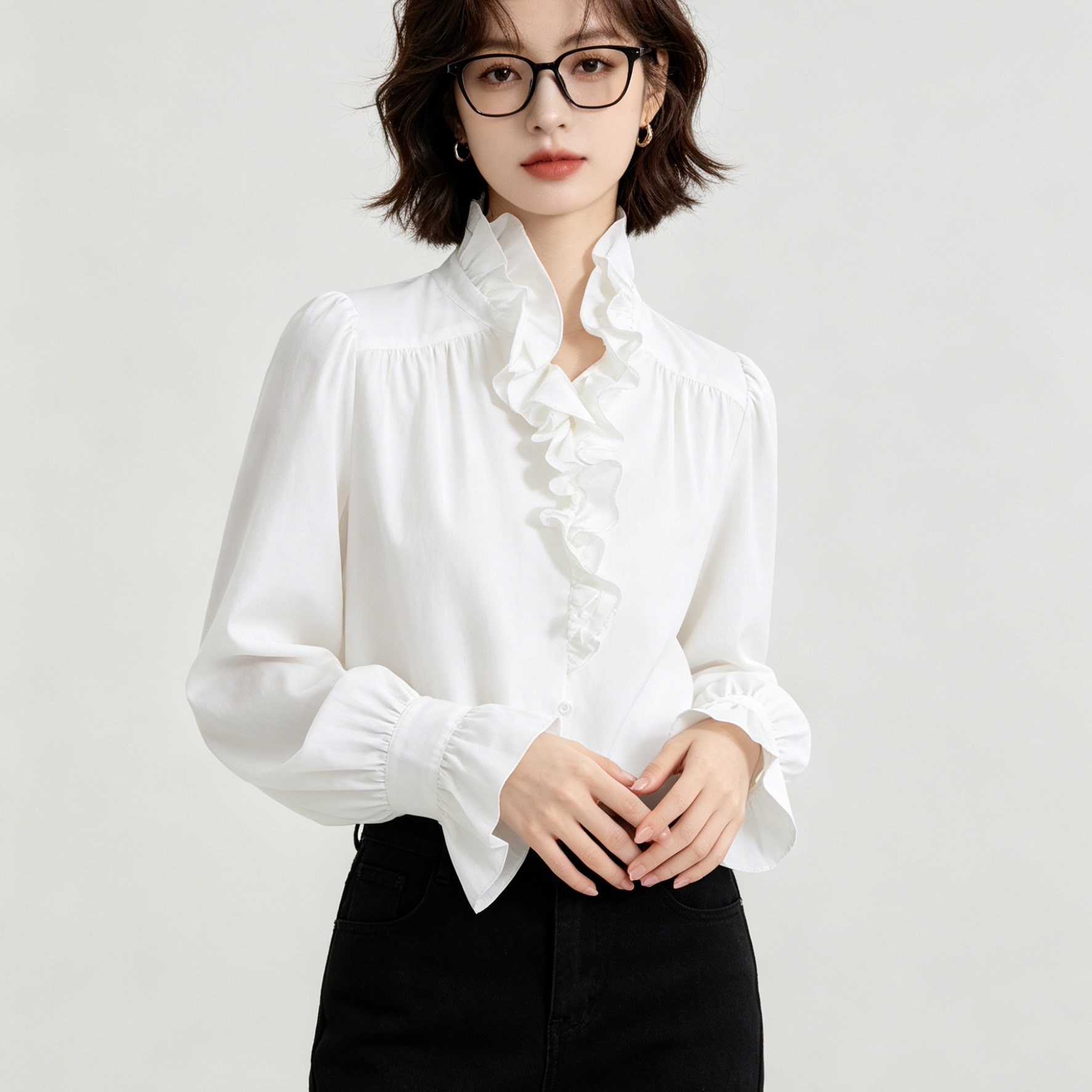 White blouse with French lyocell design, high-end feel, women's stand collar, French ruffles.