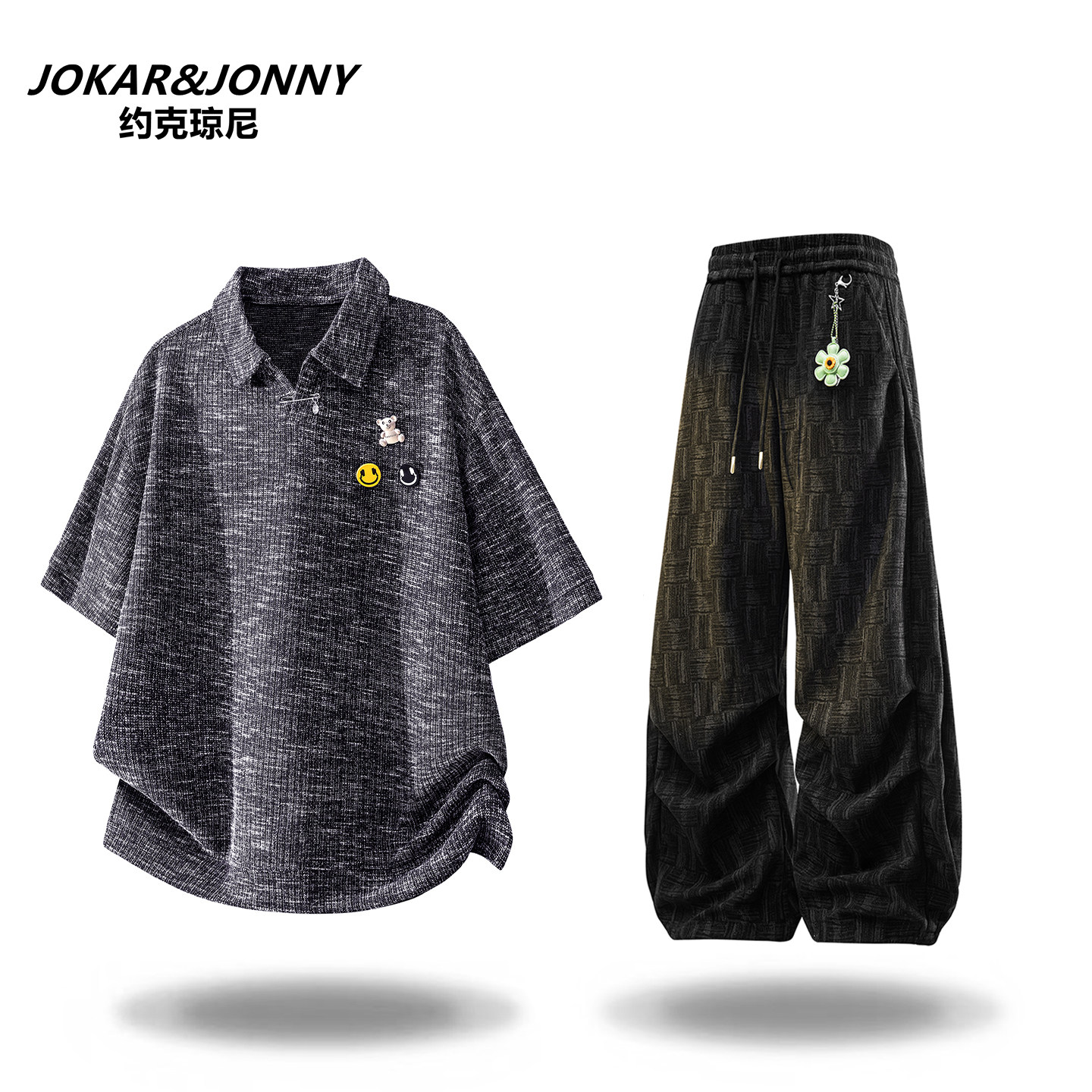Рубашка поло с американской фактурой JOKAR&JONNY, костюм с короткими рукавами, мужские летние свободные повседневные брюки, костюм-двойка