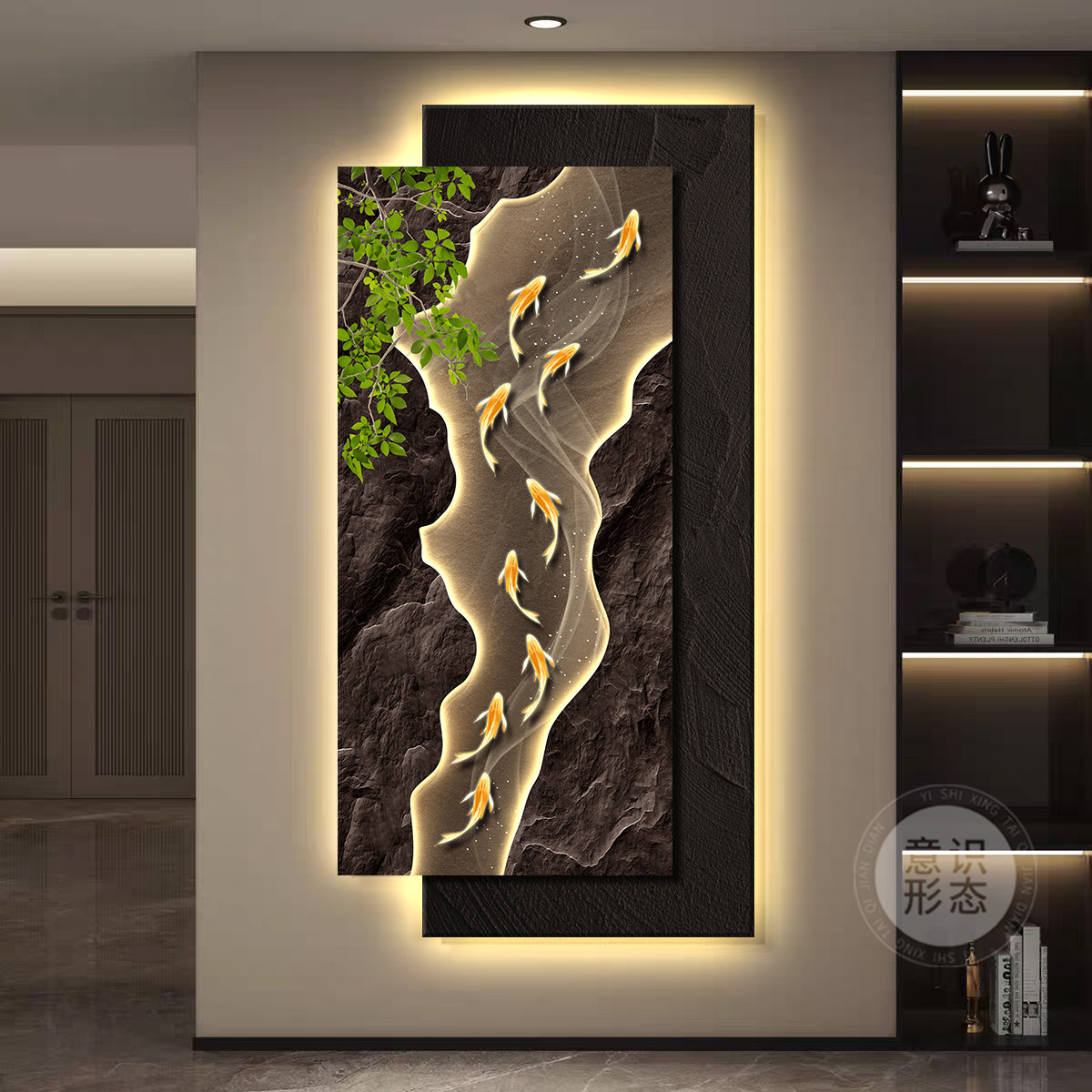 Легкая роскошь и ощущение дома высокого класса, обращенная к двери, висячая картина с изображением девяти рыб, декоративная роспись крыльца, 2025 новая настенная роспись с подсветкой