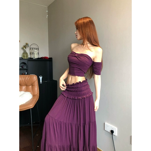 Сиреневый комплект, юбка, летний длинный бюстгальтер-топ, 2024 года, открытые плечи