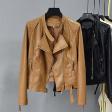 Trendy brand leather jacket for women in spring 2024, new stand up collar, waist collection, short fitting khaki color, stylish leather jacket