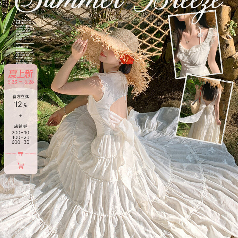 Forest Womens Tribe Vacation Style Butterfly Dress Womens Summer White Multi layer Big Swing Waist Show Skinny Fairy Sweet Girl Long Dress