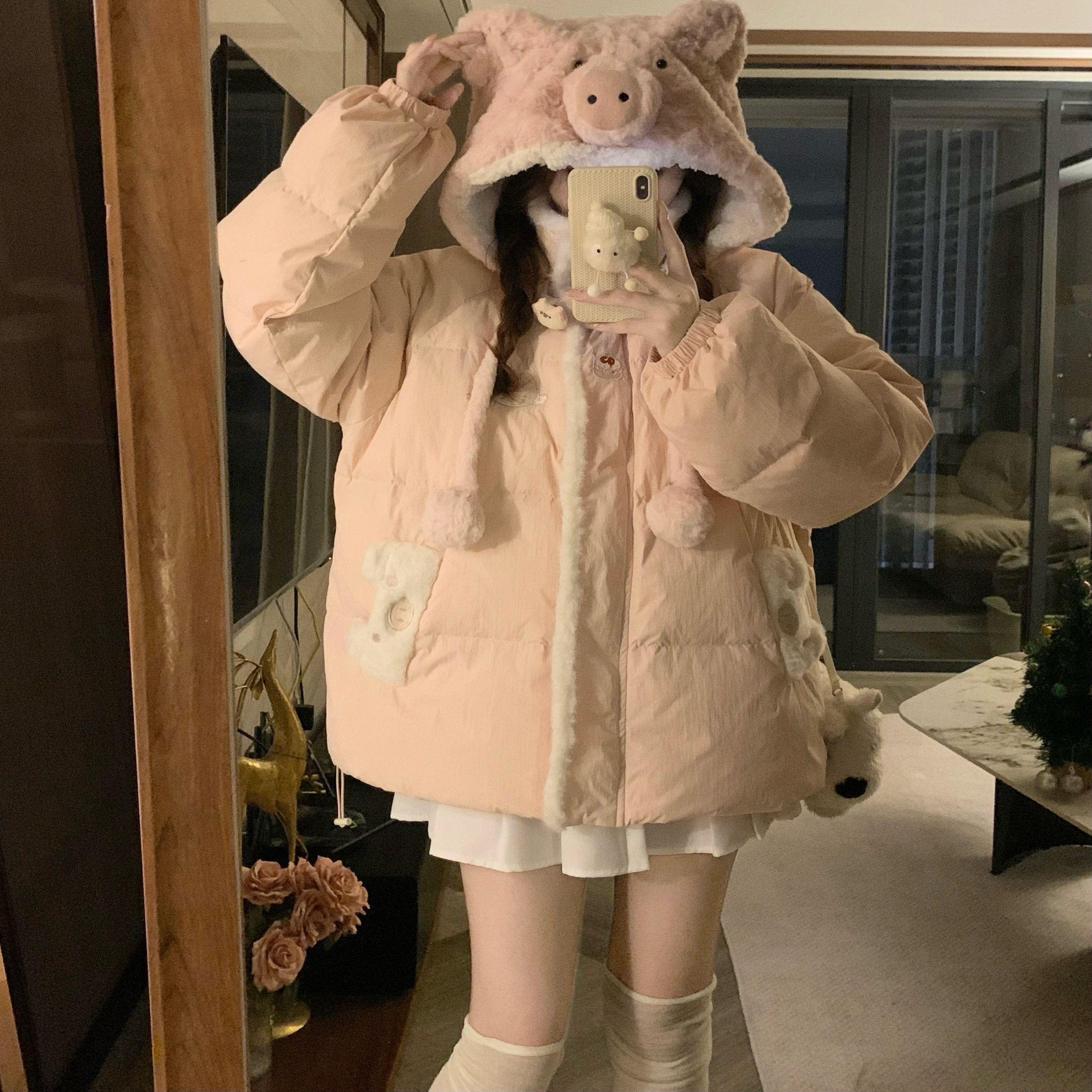 “Piggy bag” плюшевый съемный капюшон с маленьким меховым шариком, студенческая стеганая куртка, стеганая куртка, зимний пуховик, утолщенная куртка
