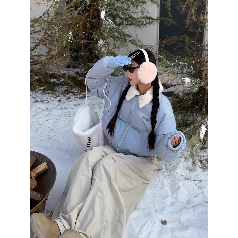 Популярная в этом году женская зимняя куртка new design sense с лацканами из овечьей шерсти, короткая синяя пуховая куртка на хлопчатобумажной подкладке