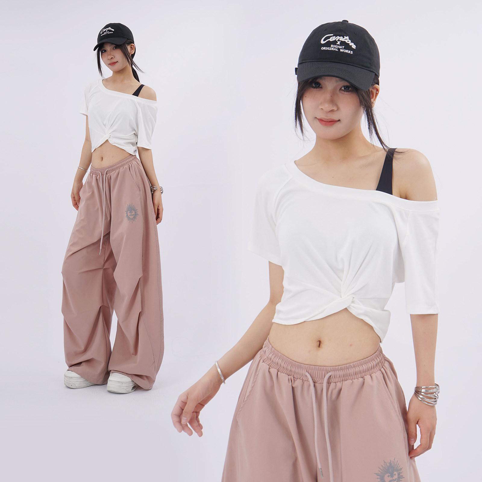 Hot girl hem kink design sense, белая футболка с короткими рукавами и диагональными плечами, женская облегающая футболка с пупком, сексуальный топ для джазовых танцев
