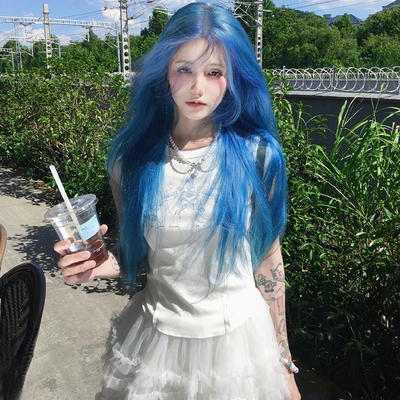 taobao agent 蕾丝蓝色胎毛刘海假发女全头套网红写真长直发森系长发万用cos