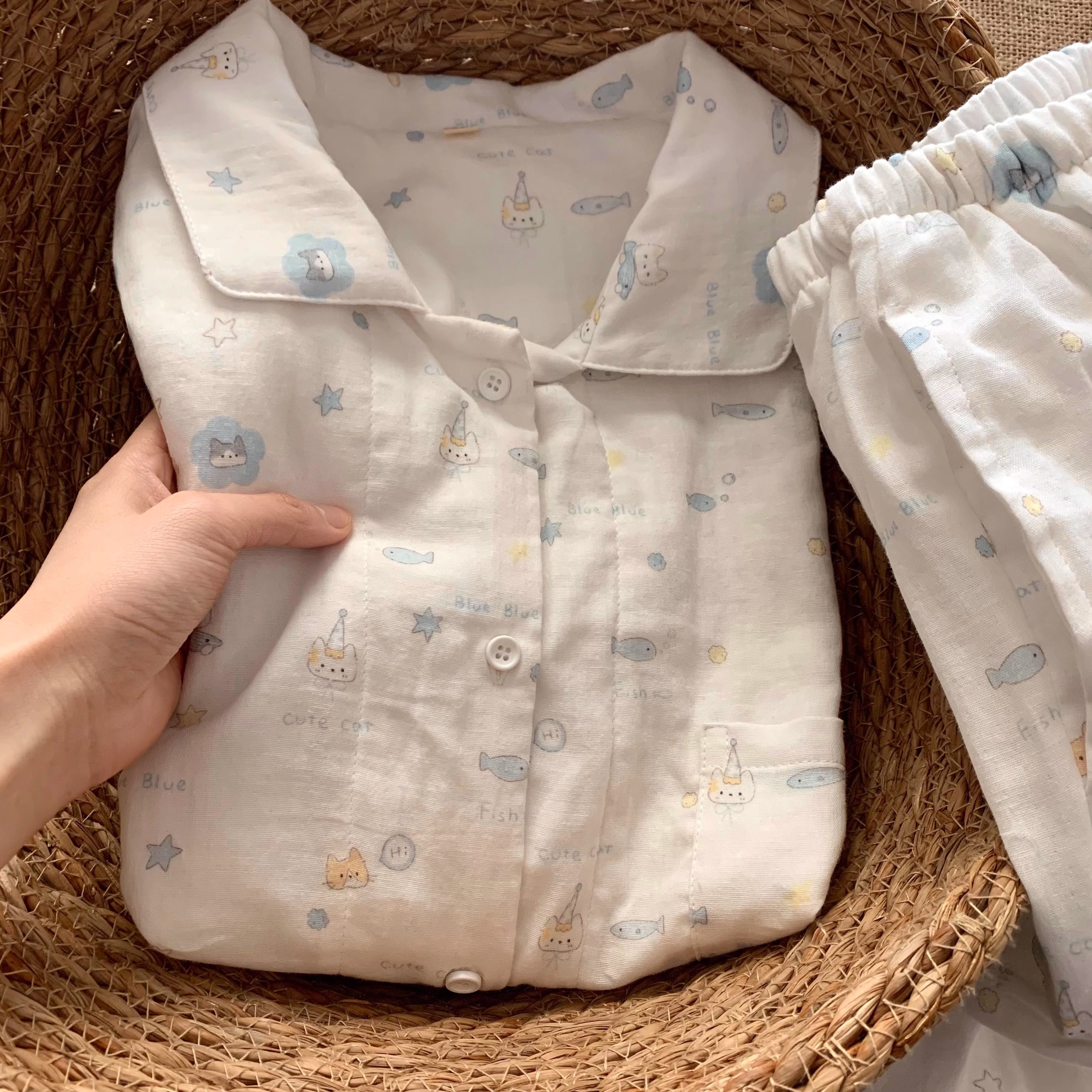 Хлопковая пижама bubble original little fish bubble из хлопка с длинными рукавами и двухслойной марлей, женский летний хлопчатобумажный костюм класса А, домашний костюм
