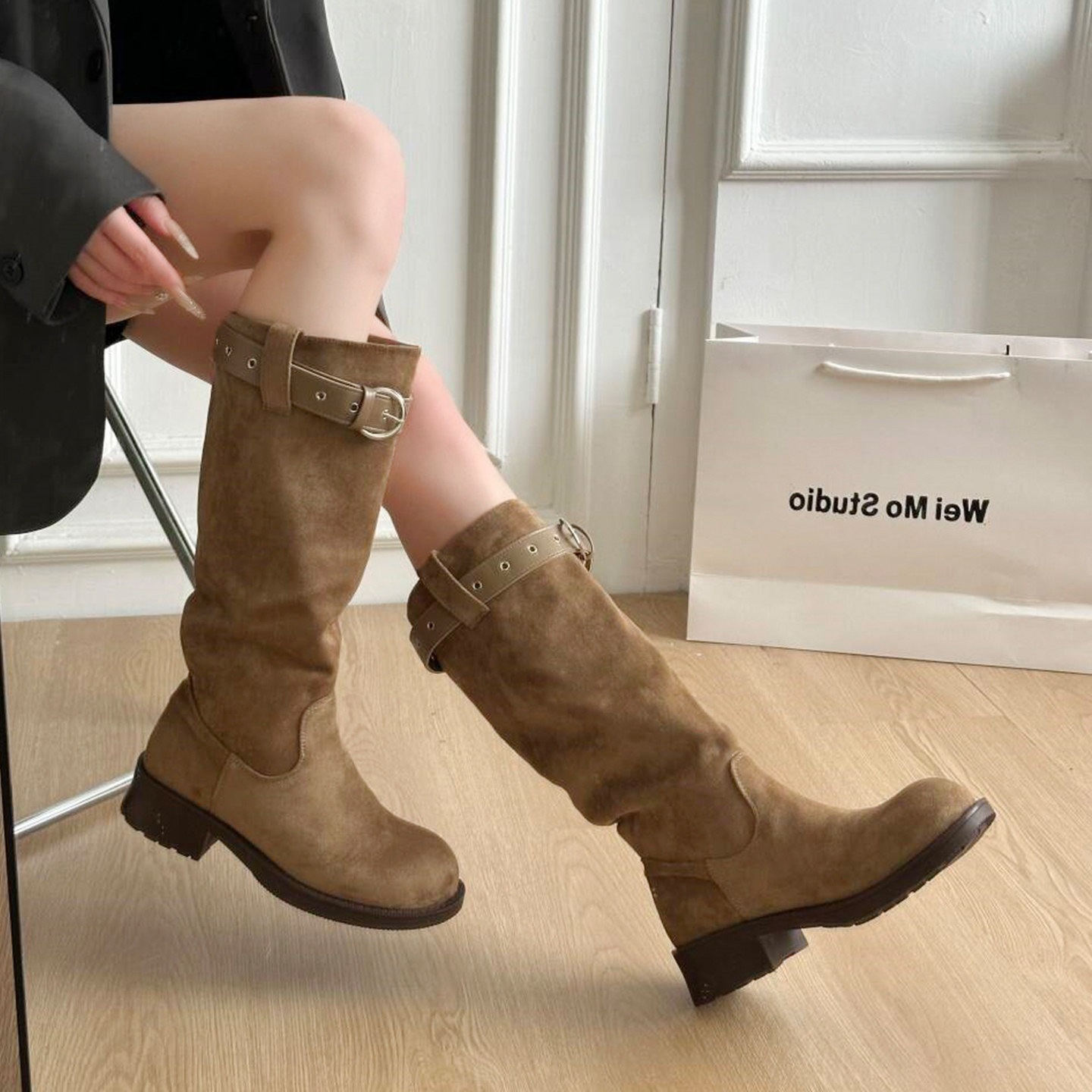 Wasteland-style Maillard knee-high boots for women, 2026 new autumn/winter style, fleece-lined, over-the-knee, chunky heel, Martin boots.