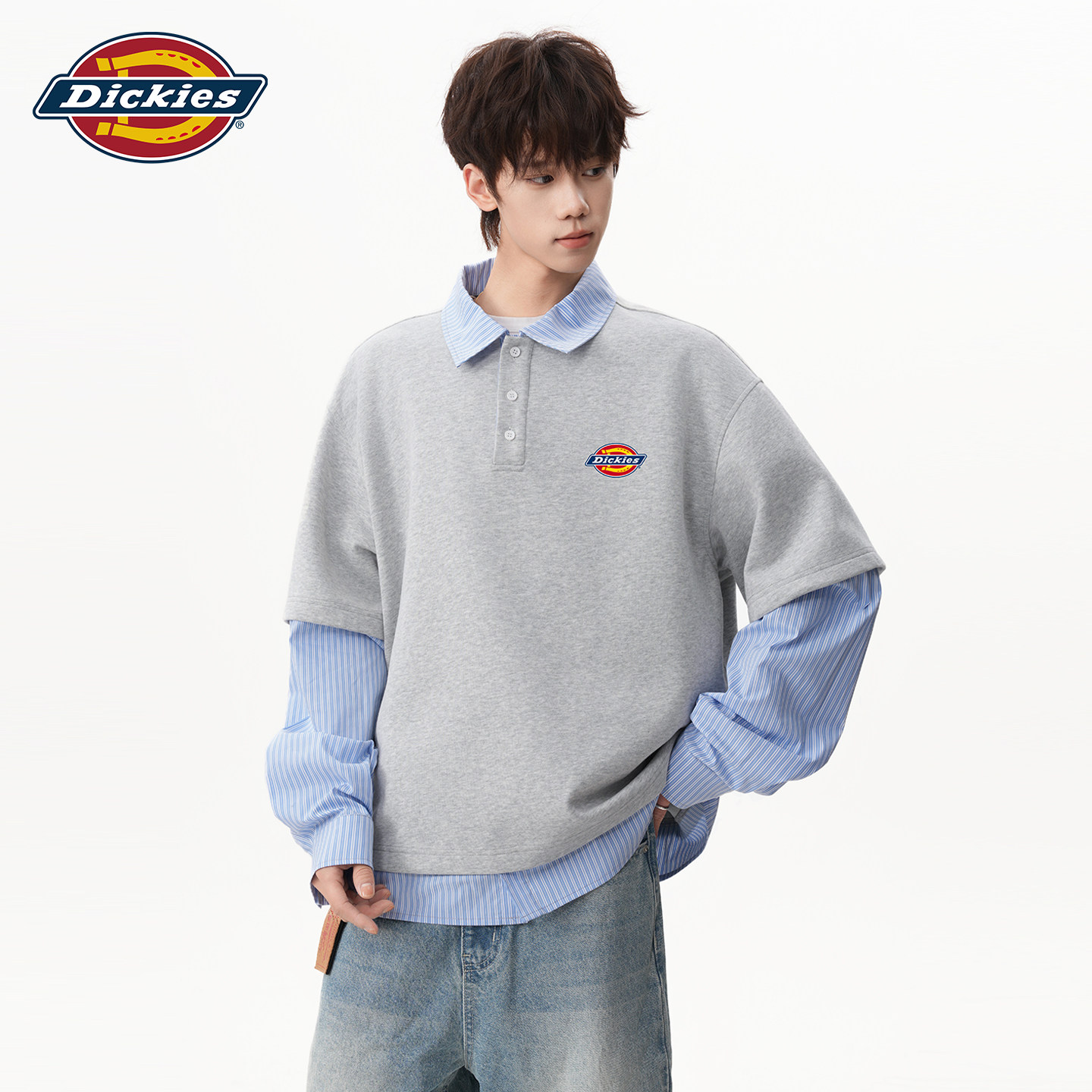 Мужской весенне-осенний свитер в полоску с лацканами для американской пары Dickies, контрастный свободный повседневный топ из двух частей с длинными рукавами