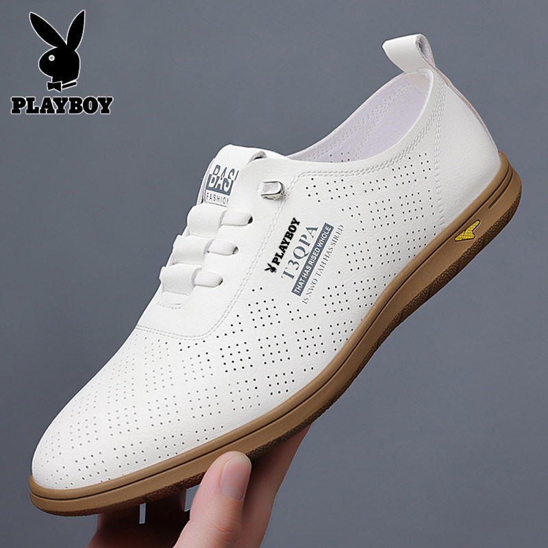 Мужская обувь Playboy; кроссовки; летние дышащие кожаные сандалии с полой подошвой; повседневная спортивная белая обувь на мягкой подошве; обувь с отверстиями