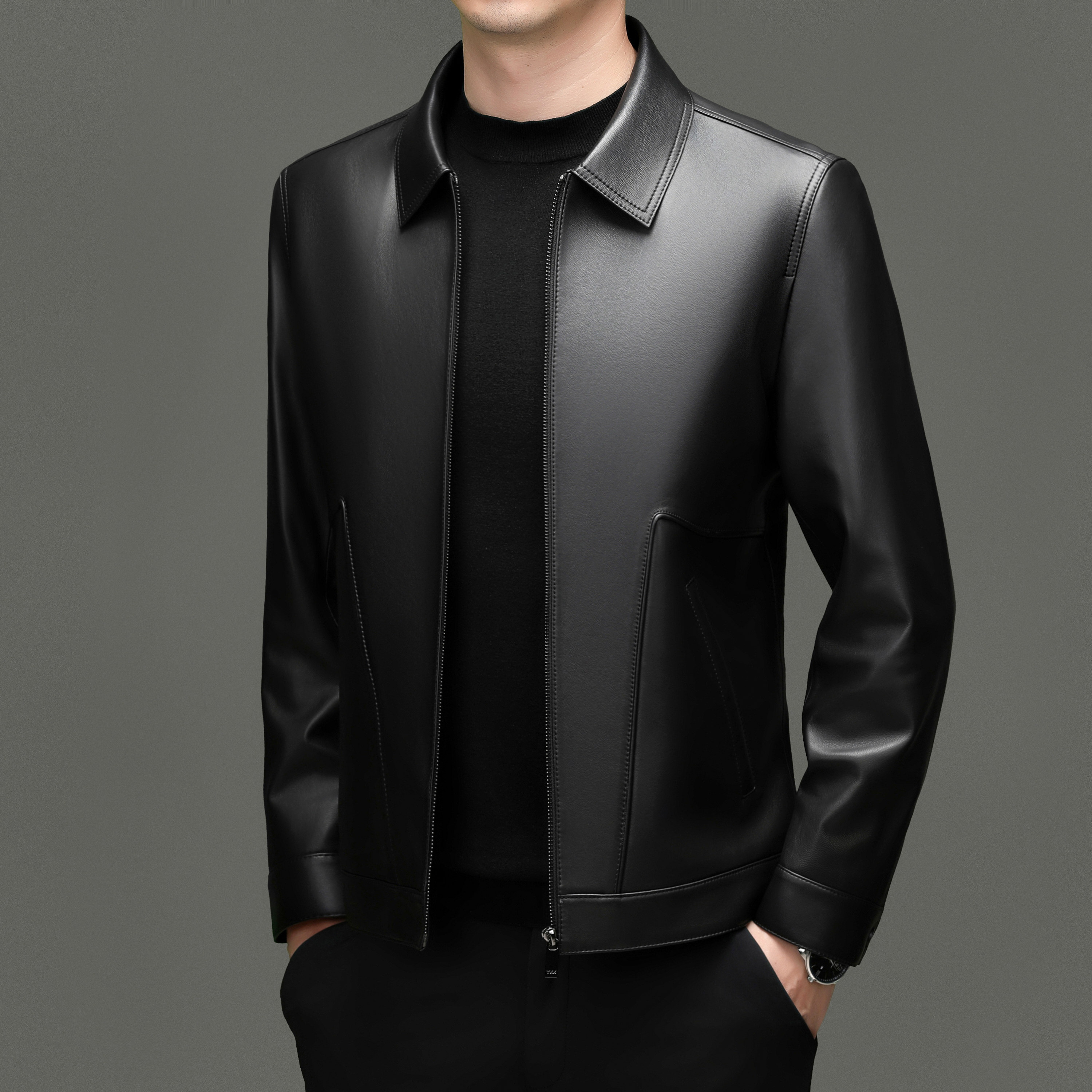 Кожаная куртка Pierre Cardin leather 2026 осенне-зимняя мужская куртка из овчины на молнии с отворотом, свободная мягкая куртка