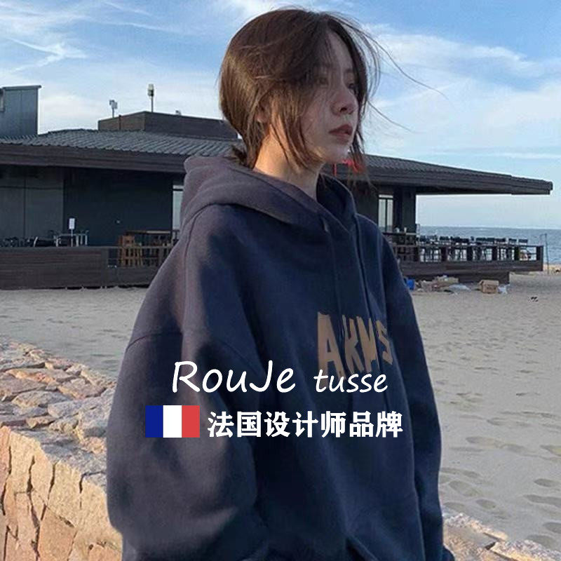 Rouje tusse2026 осенне-зимний темно-синий свитер с капюшоном в ленивом стиле, женская корейская версия свободного утолщенного бархатного топа