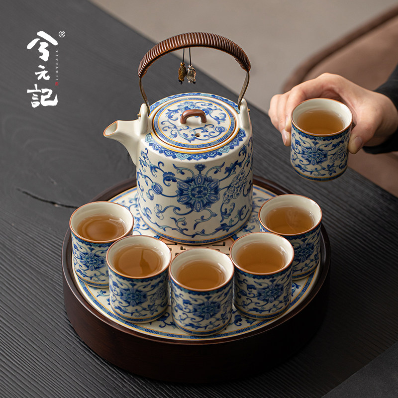 Сине-белый чайный сервиз Ru Kiln Kung Fu, бытовой чайник большой емкости, один чайник, шесть чашек, керамический чайник для холодной воды, чайная чашка