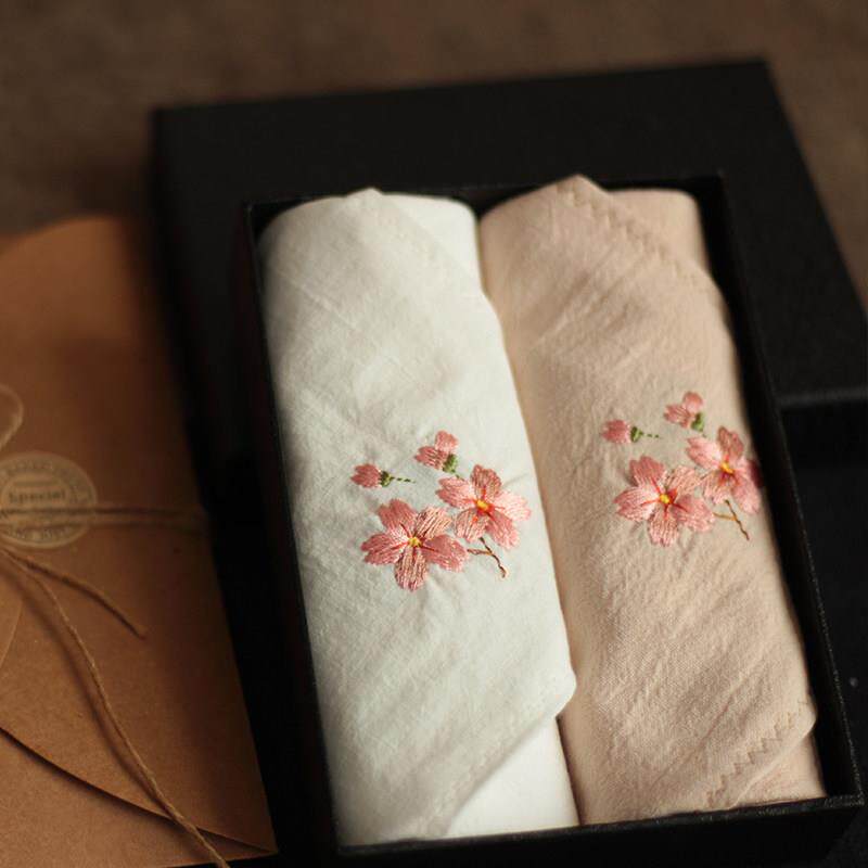 Romantic cherry blossom embroidered handkerchief, antique style, pure cotton, absorbent, for women...