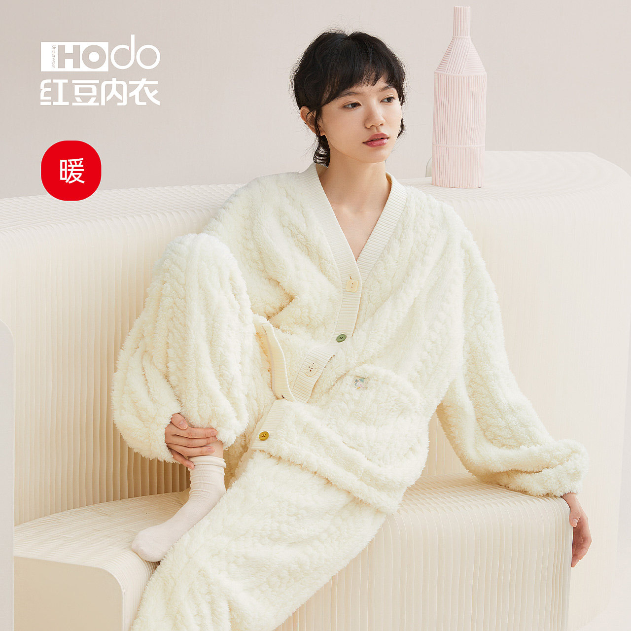 Hongdou Womens Thickened Puff Velvet Home Clothes Set