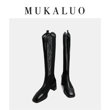 Mukaro thick heeled long boots, women's hollow out boots, summer high tube genuine leather mesh thin breathable high heeled long tube cool boots