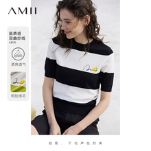 Amii French contrasting wide striped short sleeved knitted sweater for women with round neck pullover, spring and autumn slim fit embroidered top