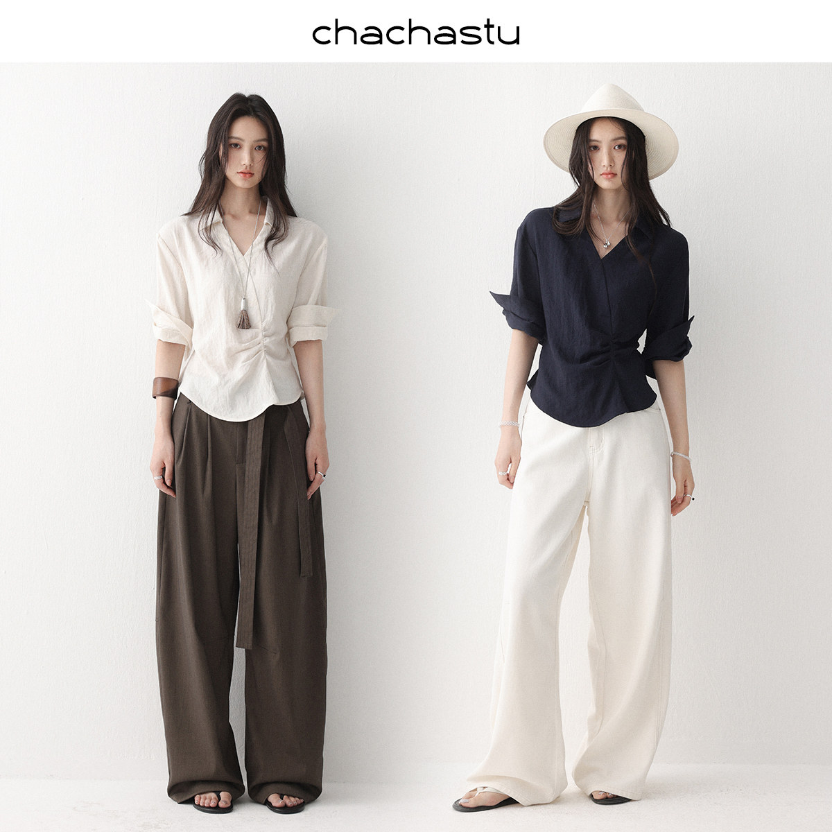 CHACHA Asymmetrical Closed-Blank Pleated Shirt for Women, Summer Style, with Rolled-Up Sleeves