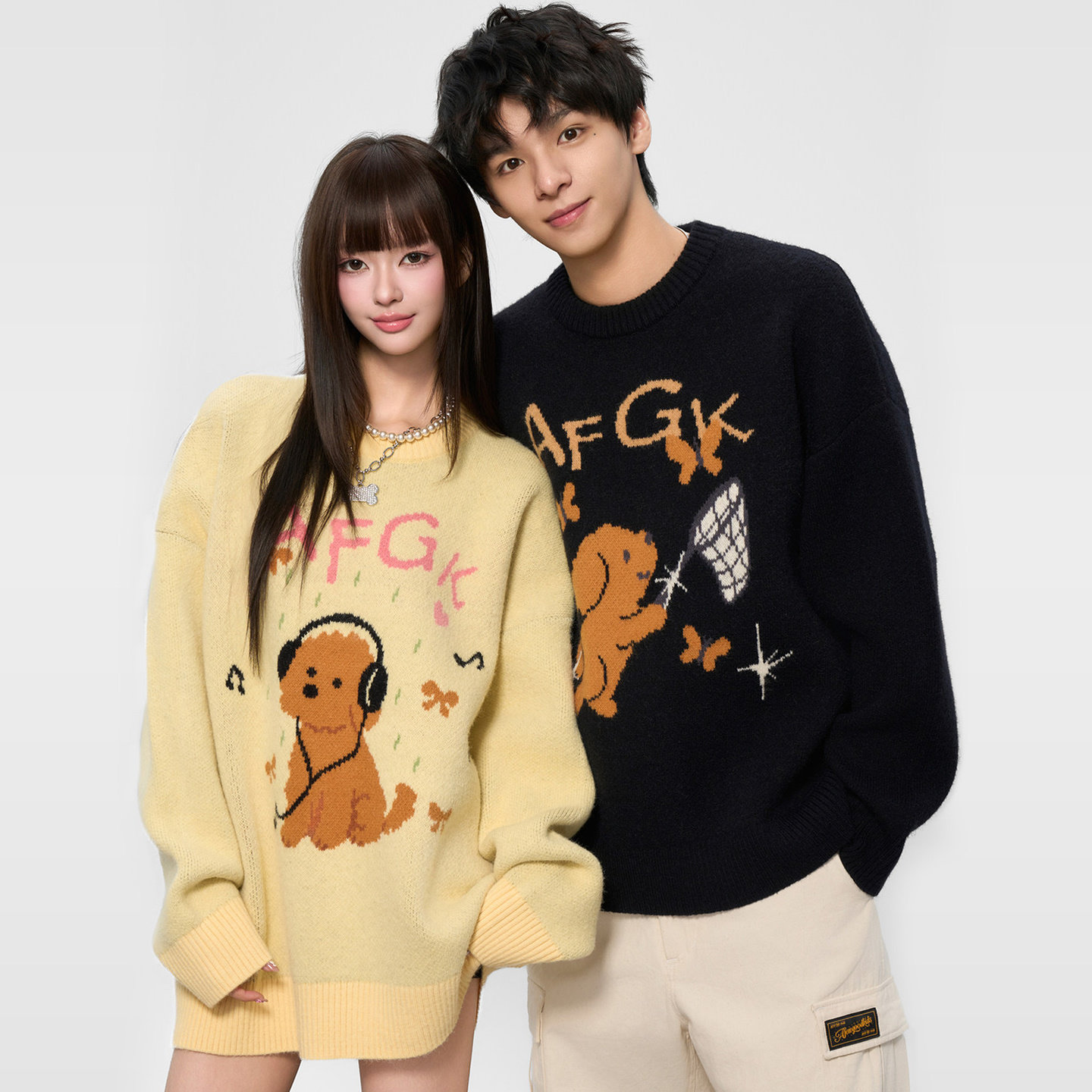 AFGK25FW и другие свитера sunny puppy, парные топы с круглым вырезом, повседневные свободные трикотажные изделия и трикотаж с отложным воротником