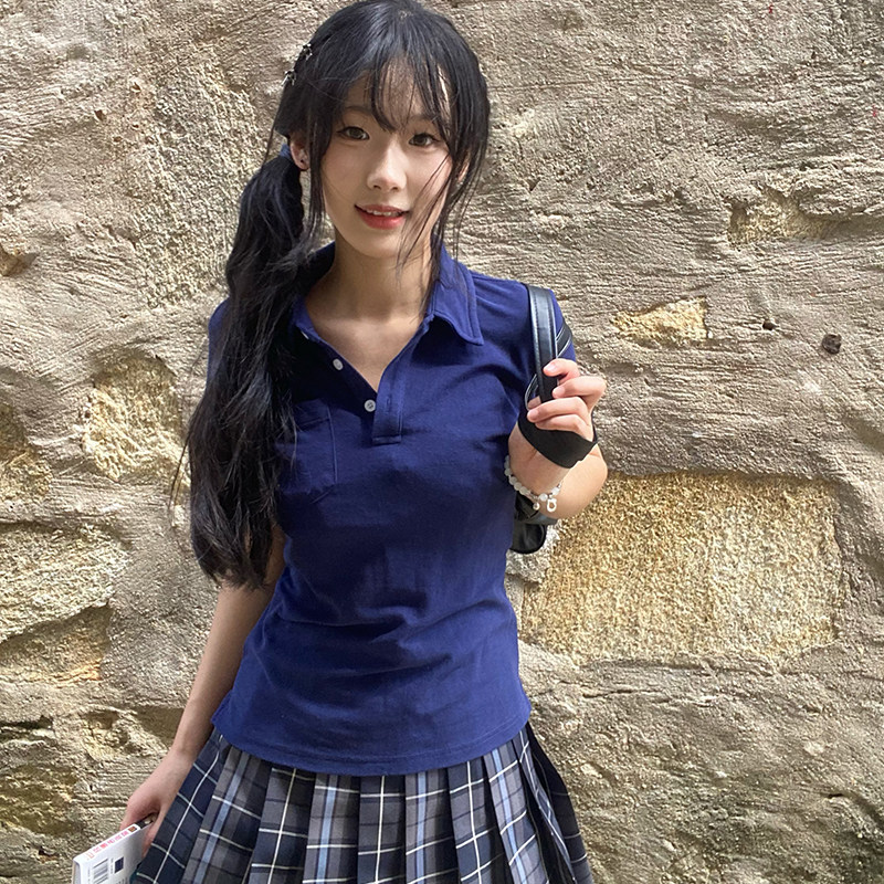[Xiao Gu] Original Summer Basic Polo Shirt Japanese Style Student T-shirt Dog Skin JK Uniform