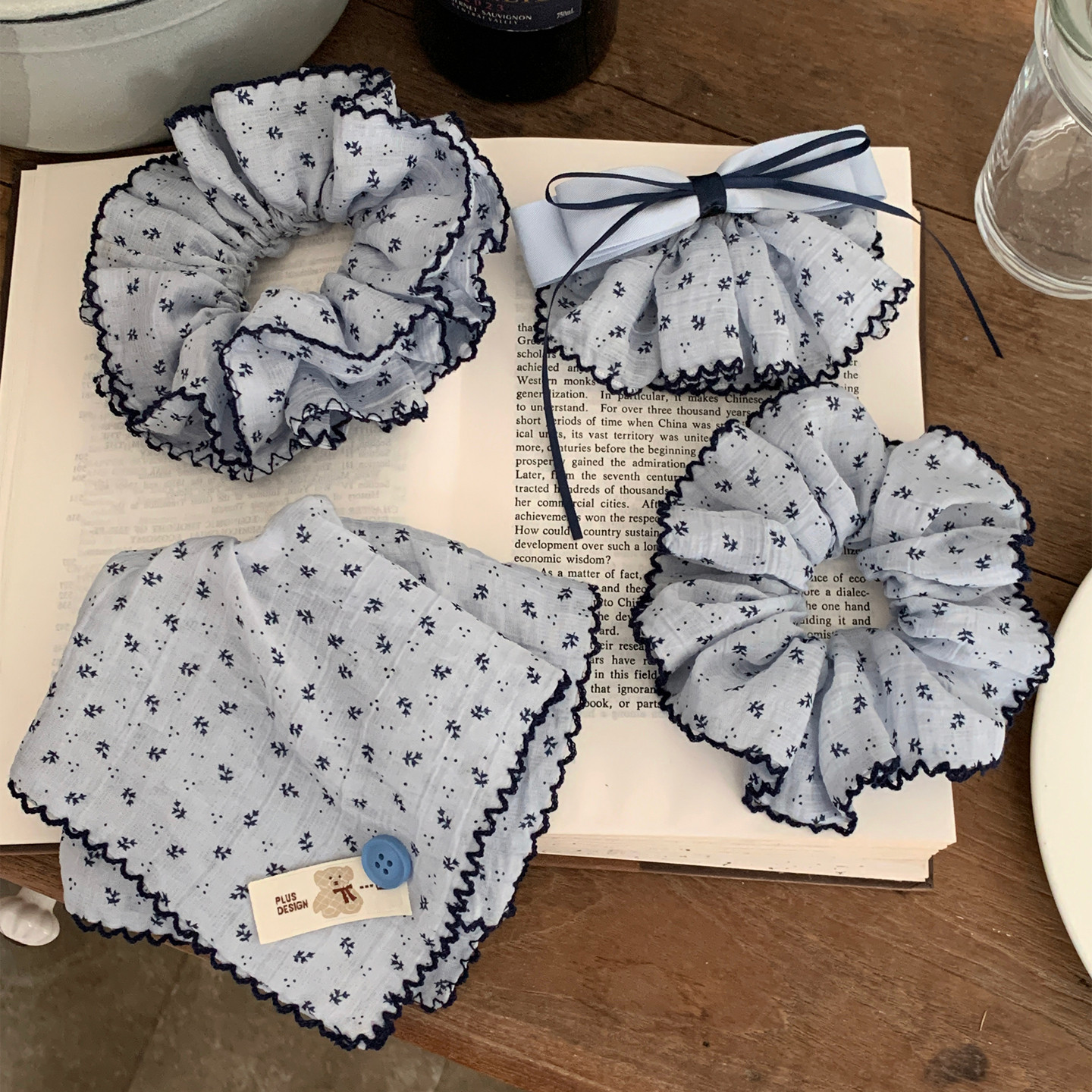 Серия Jeju Blue ~ ретро цветочное кольцо для волос в толстой кишке, французский сладкий квадратный шарф, веревочный галстук для волос, конский хвост, аксессуары для волос с цветами на голове