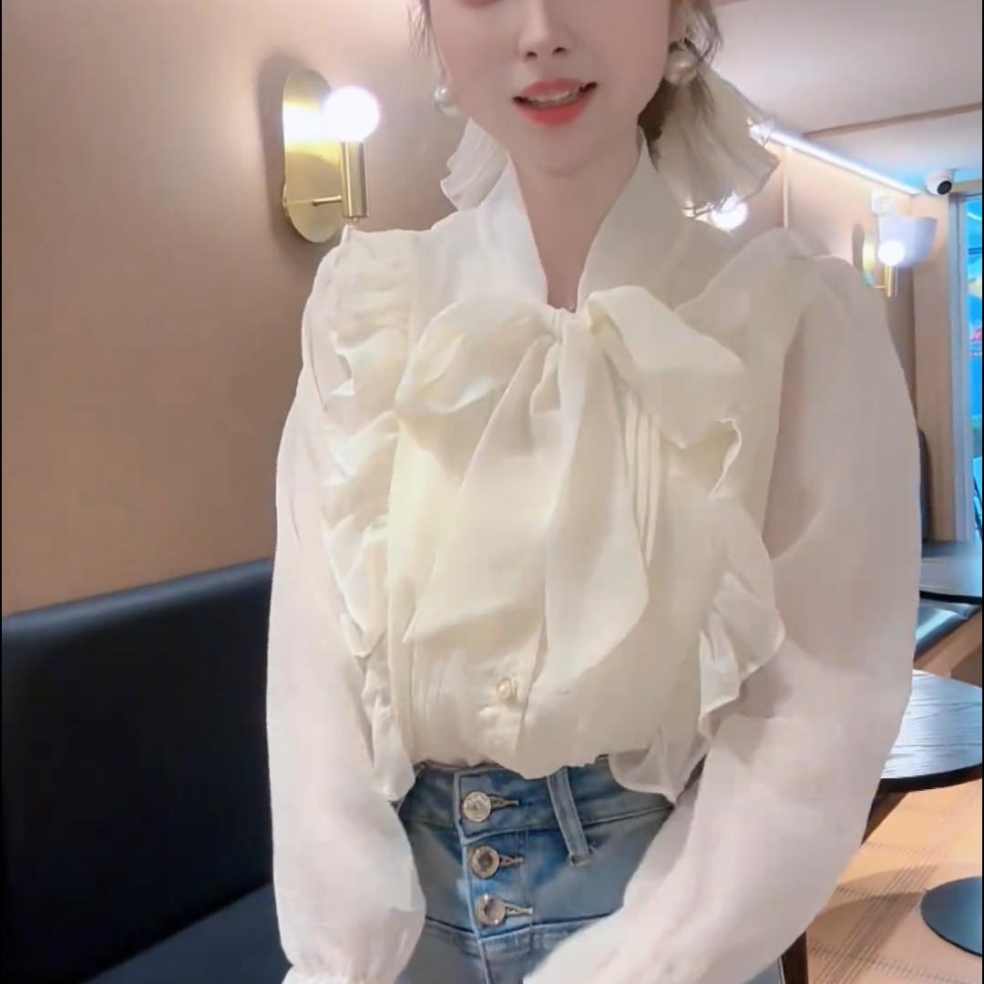 French-style chiffon blouse with ruffled bell sleeves, new spring/summer style, bow tie, slimming top.