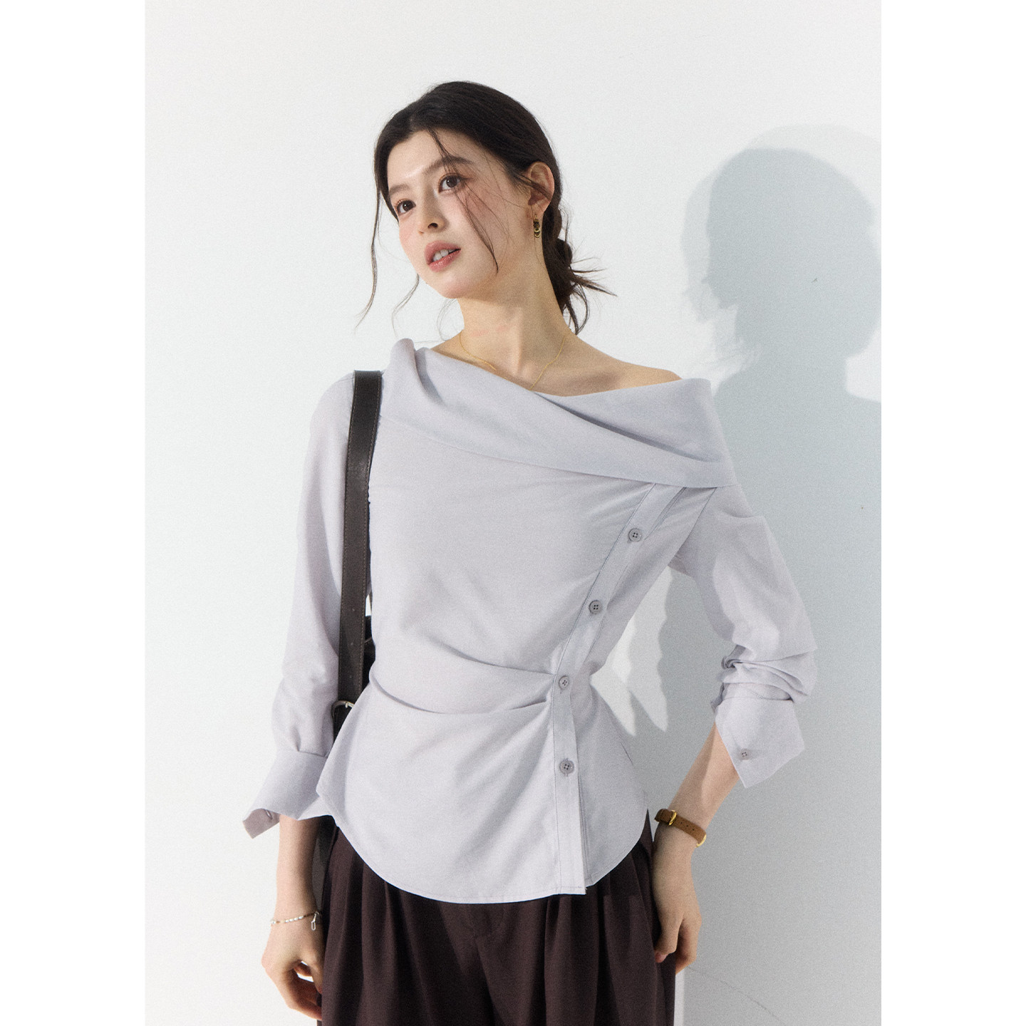 Eryang Design's "Cloudy Inclination" Gentle Style Off-Shoulder Side-Buttoned Irregular Hem Shirt