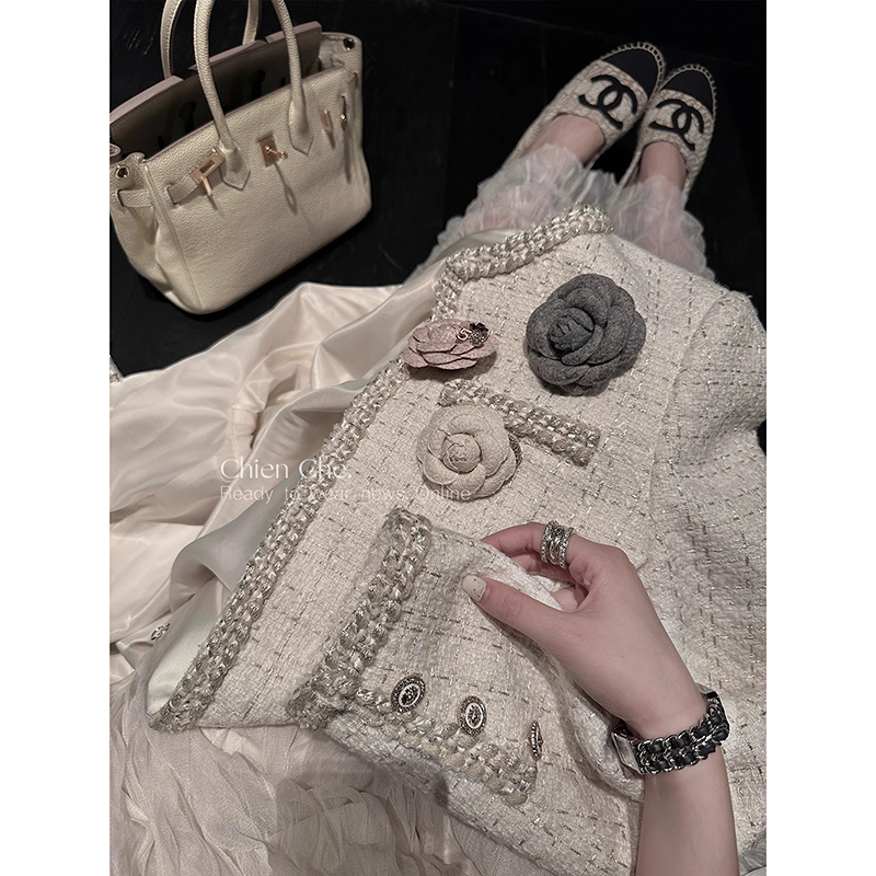 Блузка Che Chien Chien French rich Daughter, весенне-осенняя высококачественная тканая белая короткая куртка с небольшим ароматом для женщин
