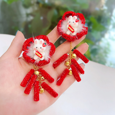 taobao agent 儿童发夹中国风汉服头饰女童宝宝新年红头花铃铛爆竹花朵对夹发卡