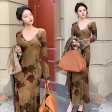 KATTERLLG Retro Goddess Style Unique New Chinese Waist Wrap Dress Women's Large Fat MM French Rose Print