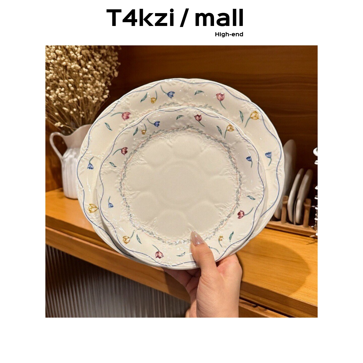 T4kzi Немецкая плоская тарелка в корейском стиле с маленьким цветком в стиле ретро, тарелка для стейка с тиснением, тарелка для десерта в западном ресторане, тарелка для салата
