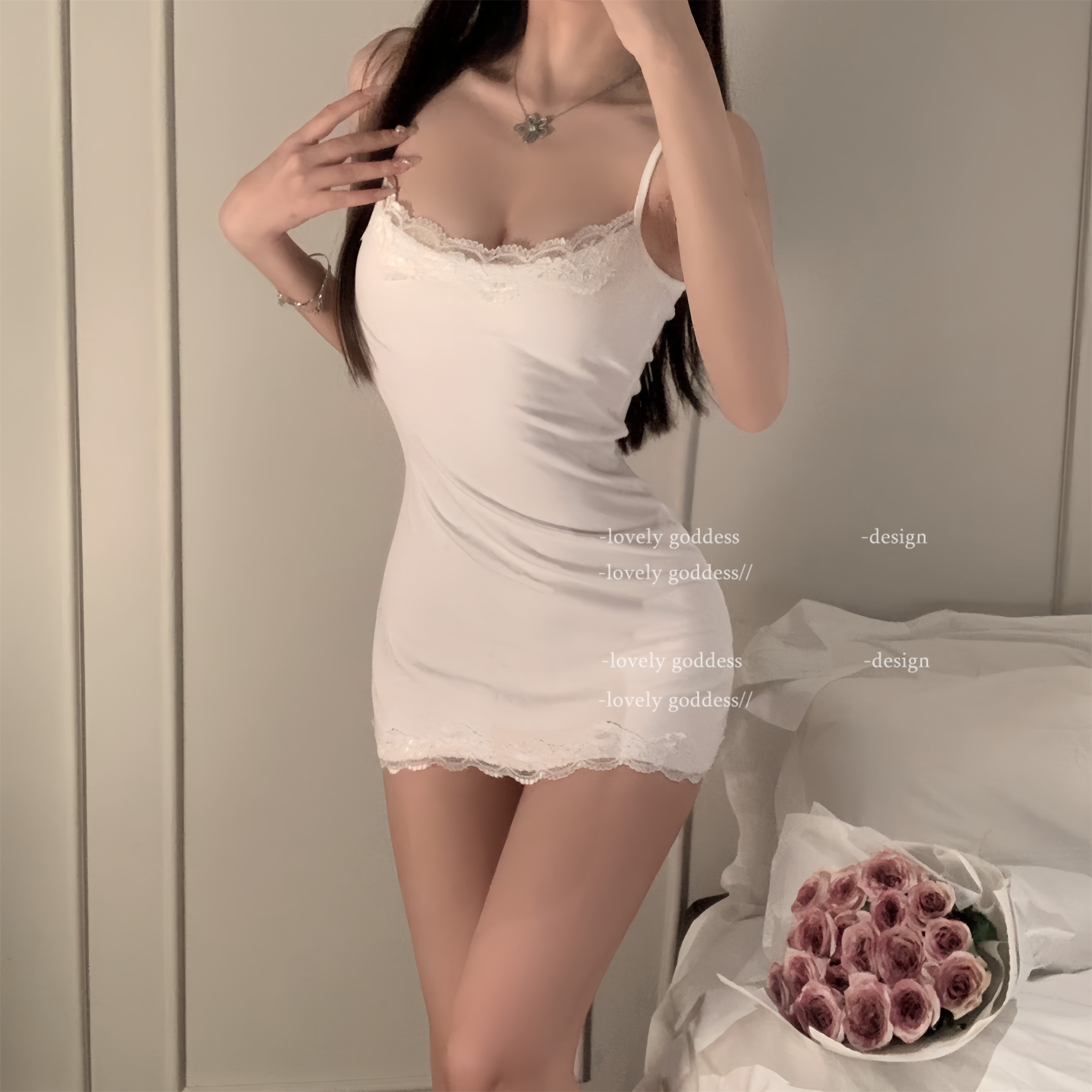 "LG" love innocent*pure desire сексуальное кружевное платье на подтяжках для горячей девушки, черно-белую ночную рубашку можно носить на улице