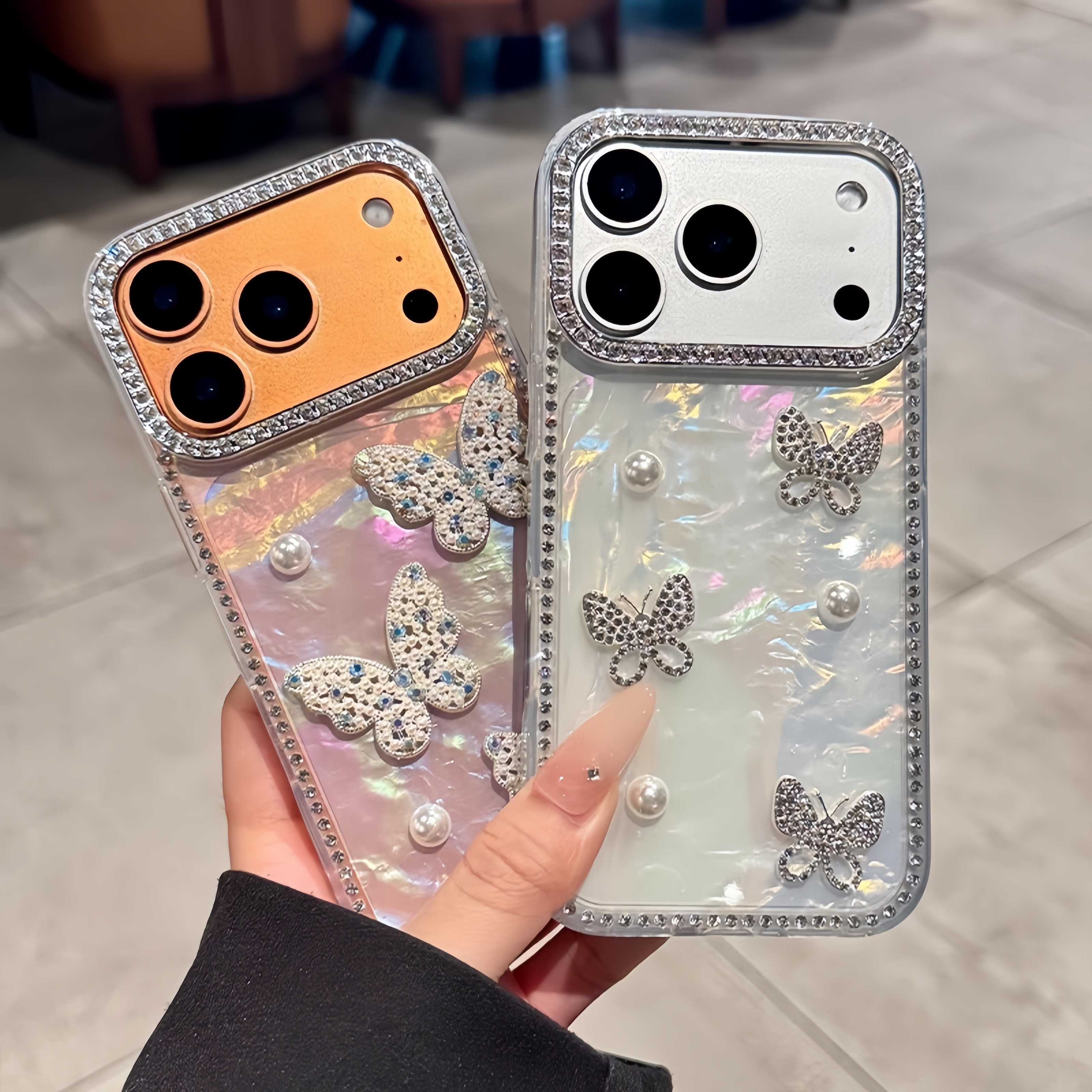 Suitable for Apple iPhone 17 Pro Max, 2026 new model, iPhone 16 rhinestone frame, 3D pearl butterfly, 15 Pro premium feel, Air full coverage, 14 anti-drop case, soft silicone, 13 niche light luxury women's case.