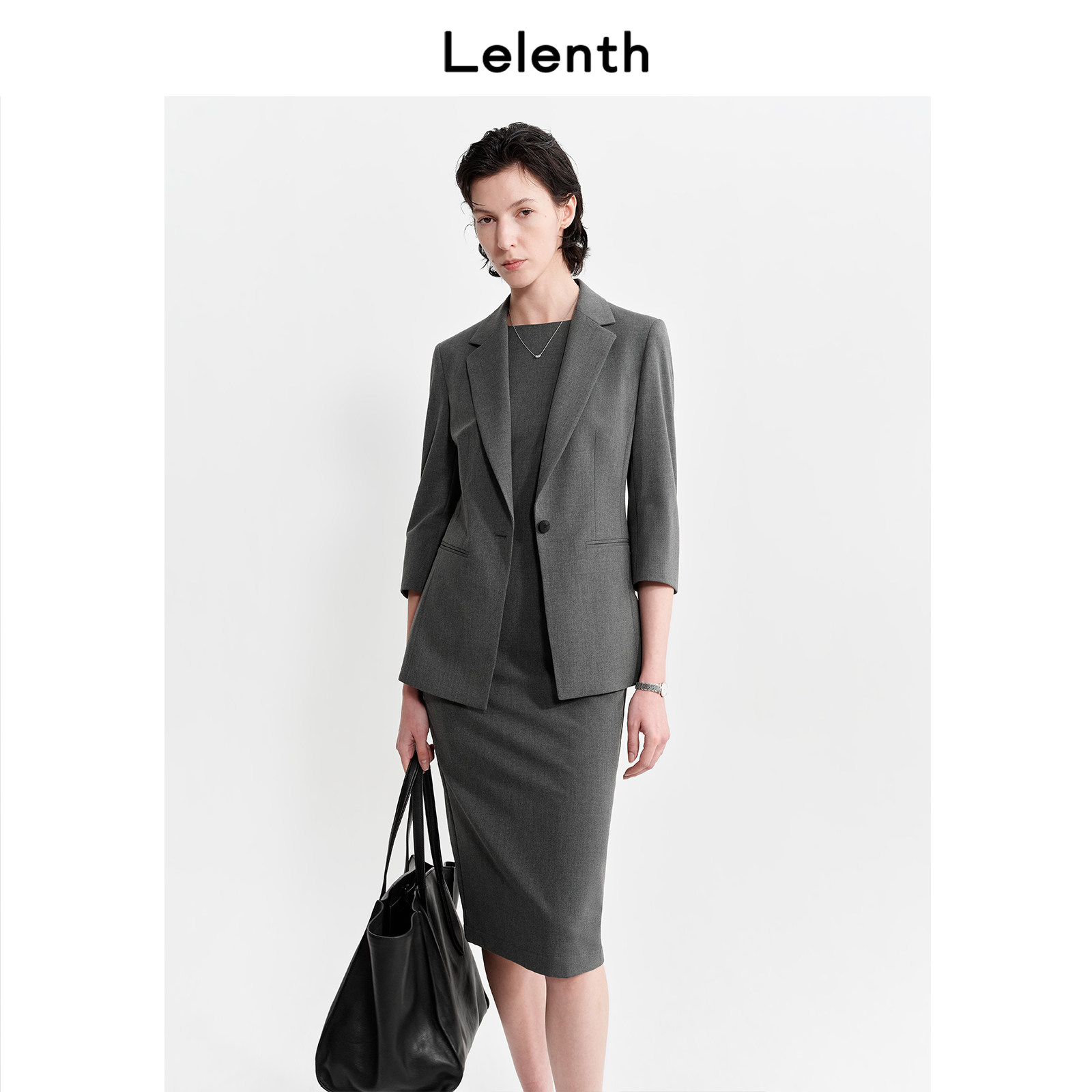 Длинный средне-серый профессиональный костюм с рукавом три четверти, женский летний облегающий костюм для похудения, платье-двойка